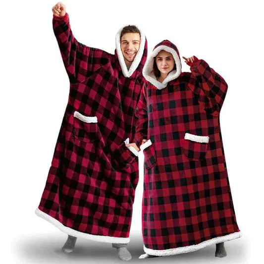 Rote karierte Kuscheldecke mit Kapuze, Unisex, warm, bequem, ideal für kalte Tage.