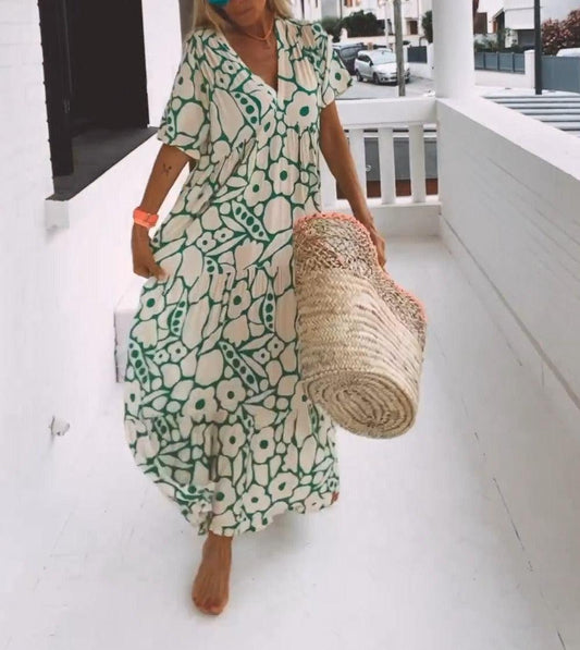 Grünes Maxikleid mit kurzen Ärmeln und Muster – Elisa
