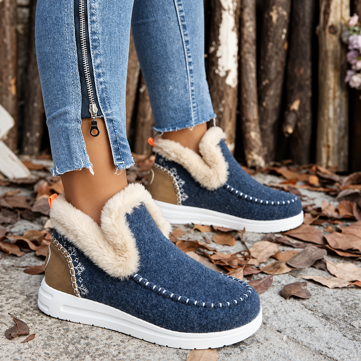 Blaue Slip-On-Sneaker mit Plüschkragen, Schneeflockenstickerei und brauner Ferse, getragen zu Jeans mit seitlichem Reißverschluss. 10