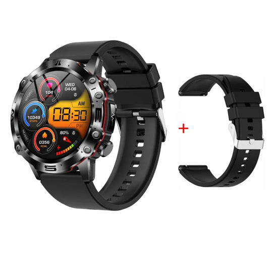 Schwarze Smartwatch mit rundem Zifferblatt, Fitness-Tracking, zusätzlichem Armband.