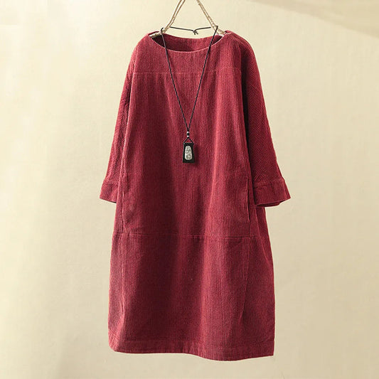 Rotes Cordkleid Damen, langärmelig, lässig, Herbstmode, Vintage-Stil, bequem.