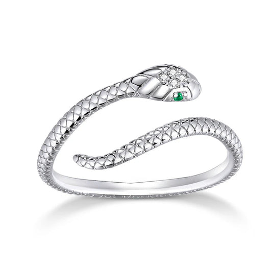 Silberner Schlangenring mit grünen und weißen Steinen, elegantes Schmuckdesign, Damenring.