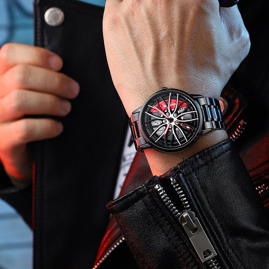 Schwarze Herrenarmbanduhr mit Autodesign, Edelstahlarmband, sportlich-elegant, modisch.