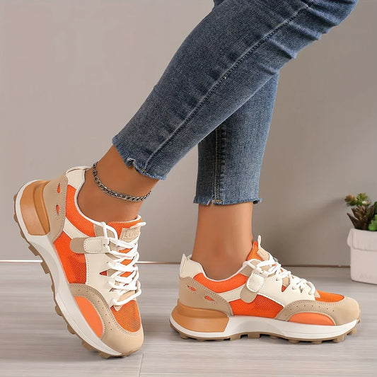 Damen Sneaker orange-beige, atmungsaktiv, Freizeit, modisch, bequem, Jeans, Innenraum.