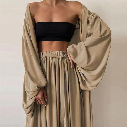 Damen Sommer-Set | 3-Teilig | Locker | Hose | Blazer | Bandeau Top-Khaki-S-Luzern Mode