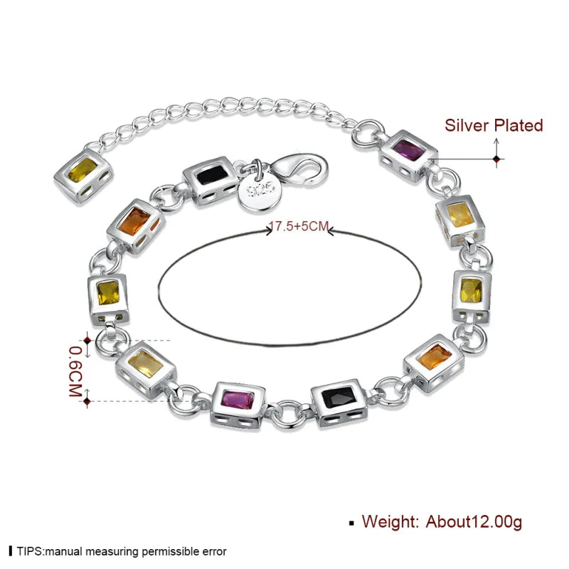 Silberarmband mit bunten Edelsteinen, quadratische Anhänger, verstellbar, Damen-Schmuck.