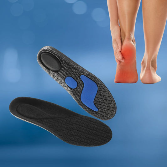 Orthopädische Einlegesohlen, schwarz-blau, Fußschmerzen Linderung, Komfort, Dämpfung.
