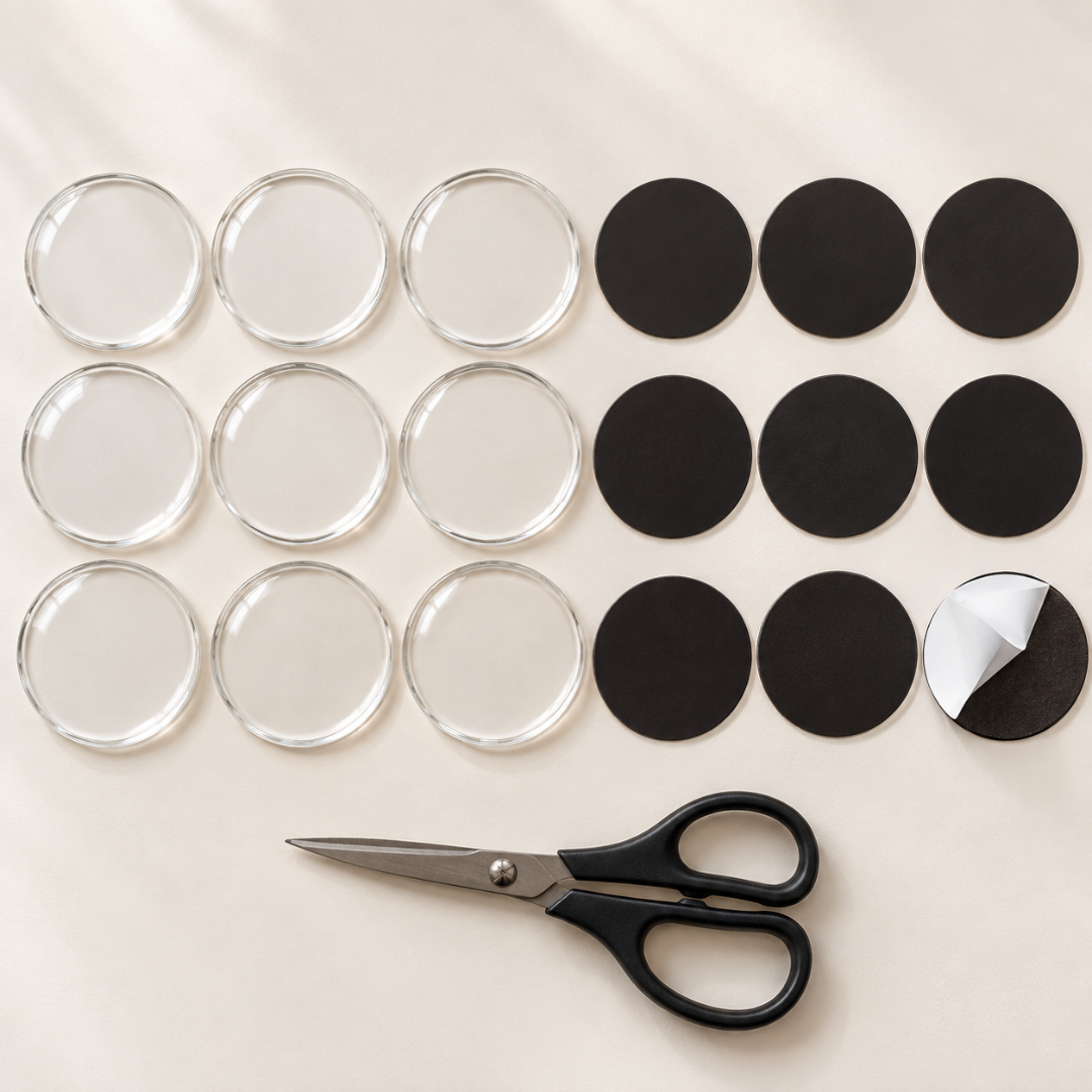Flat Lay mit neun runden Acrylrahmen, neun runden schwarzen Magnetplättchen und einer Schere auf hellem Grund 10