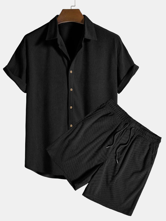 Schwarzes Herren-Set aus Leinen, Hemd und Shorts, Sommermode, lässig, atmungsaktiv.