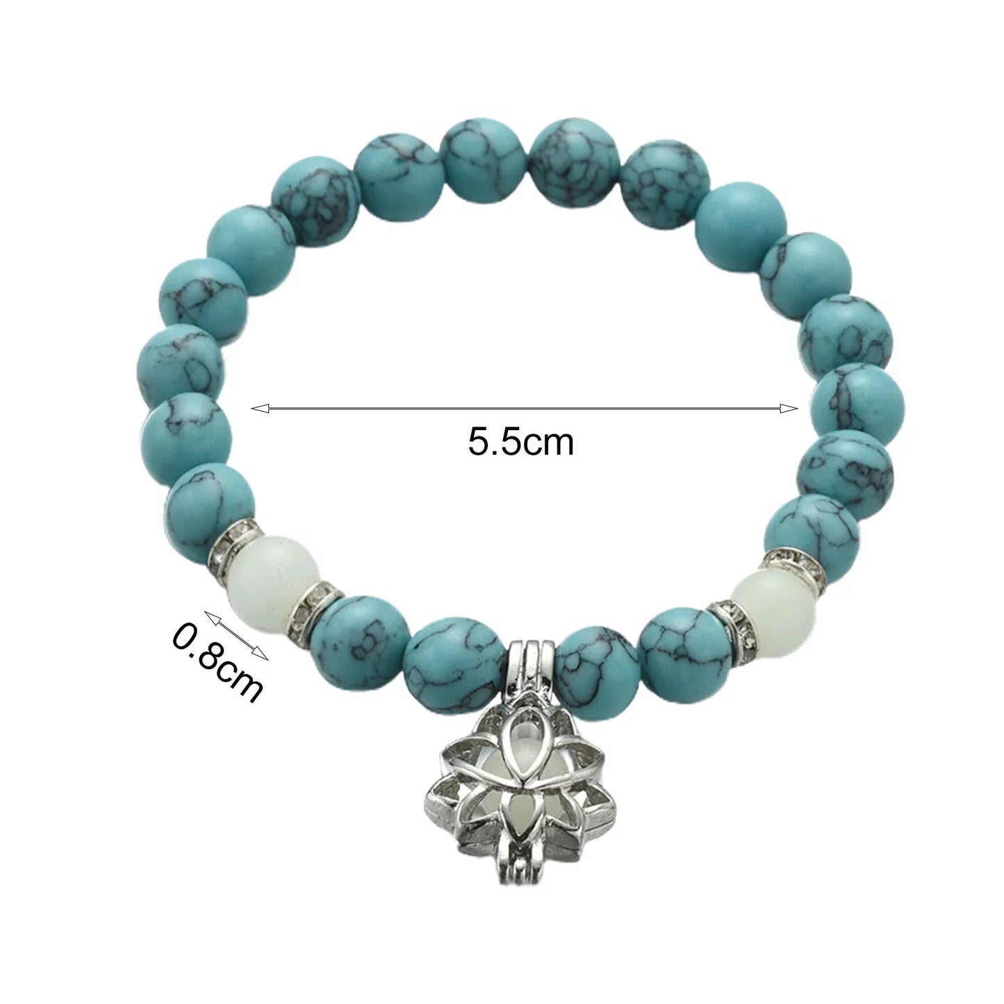 Armband aus türkisfarbenem Howlith mit Lotus-Anhänger, 5,5 cm Durchmesser, 0,8 cm Perlen.