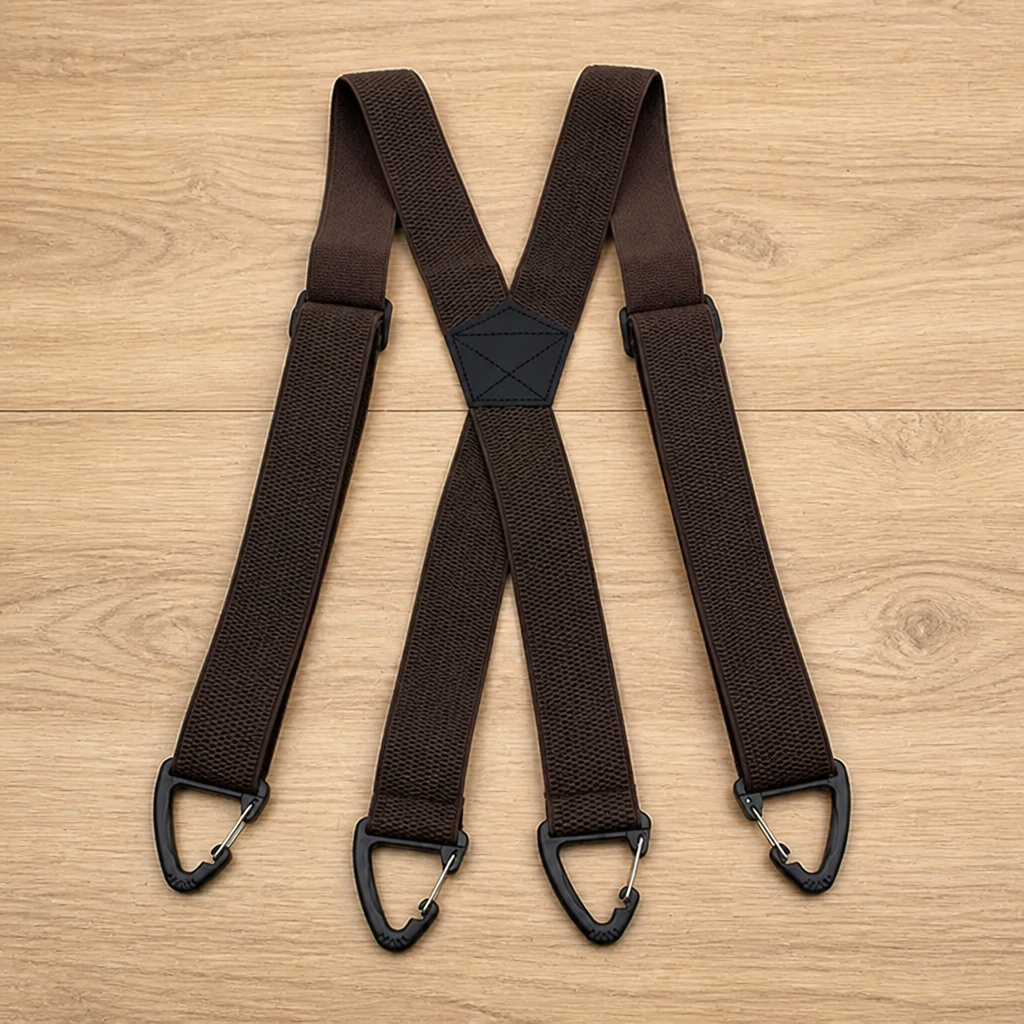 Dunkelbraune X-Hosenträger mit schwarzem Kreuzstück und vier dreieckigen Karabiner-Clips, flach auf Holzdielen ausgelegt. 18