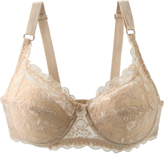 Beiger Spitzen-BH, verstellbare Träger, florales Muster, Damenunterwäsche, elegant, bequem.