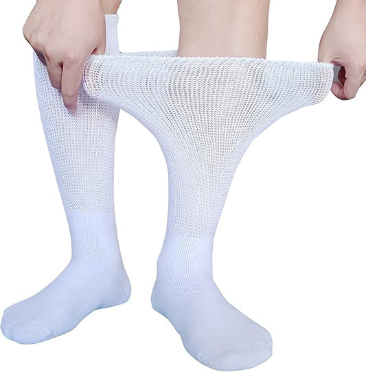 Weiße, elastische Kompressionsstrümpfe für Damen und Herren, atmungsaktiv, knielang.