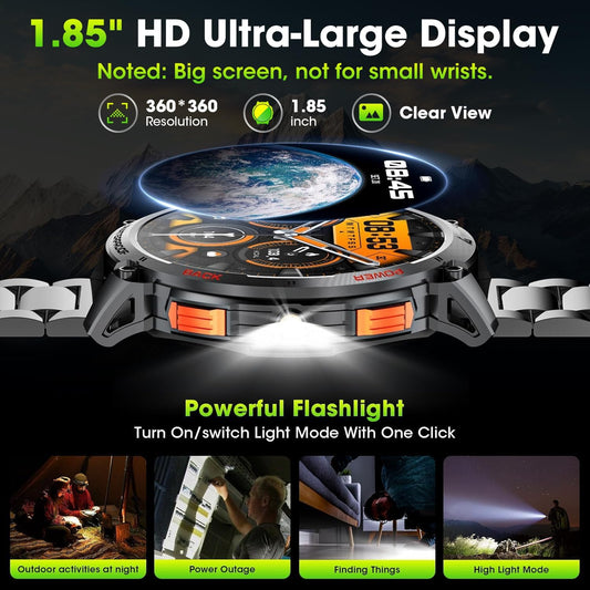 Militärische Smartwatch für Männer mit 1,85" HD-Bildschirm und Taschenlampe