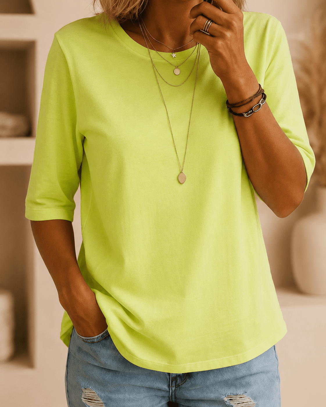 Essential Half Sleeve Round Neck Tee in Neon Green – Relaxed Fit 1