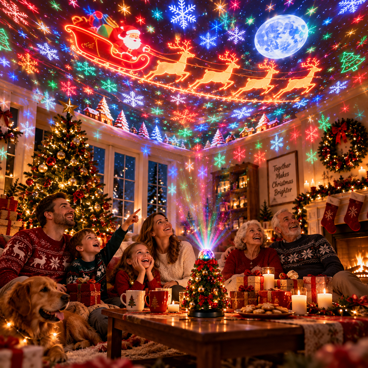 Familie mit Hund und Großeltern schaut im Wohnzimmer auf die Weihnachtsprojektion mit Schlitten und Rentieren an der Decke 7