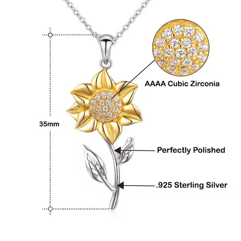 Silberne Sonnenblume Anhänger, AAAA Zirkonia, 925 Sterling Silber, 35mm, Schmuck Damen.