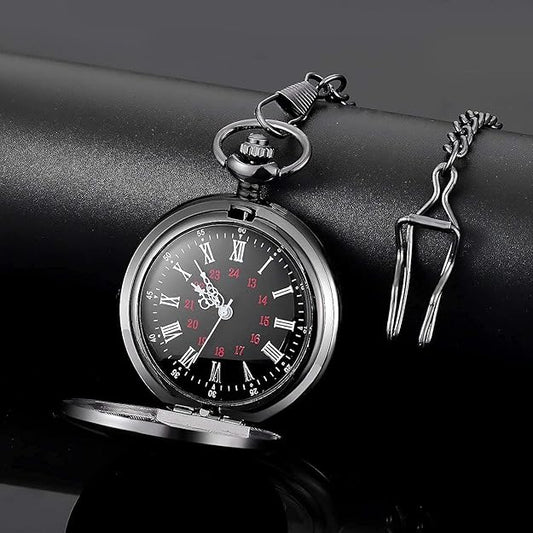 Schwarze Taschenuhr mit römischen Ziffern, Kette, Vintage-Design, Edelstahl, Herrenaccessoire.