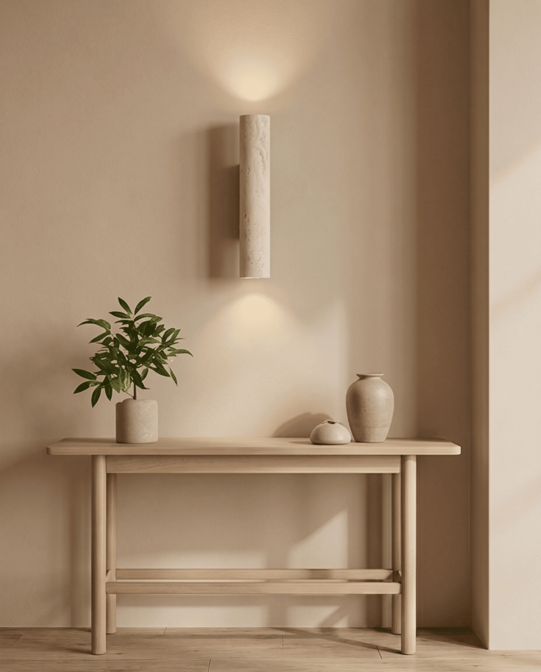 Travertin-Wandlampe über einem Holz-Konsolentisch mit Pflanze und Keramikgefäßen in hellem Interieur 8