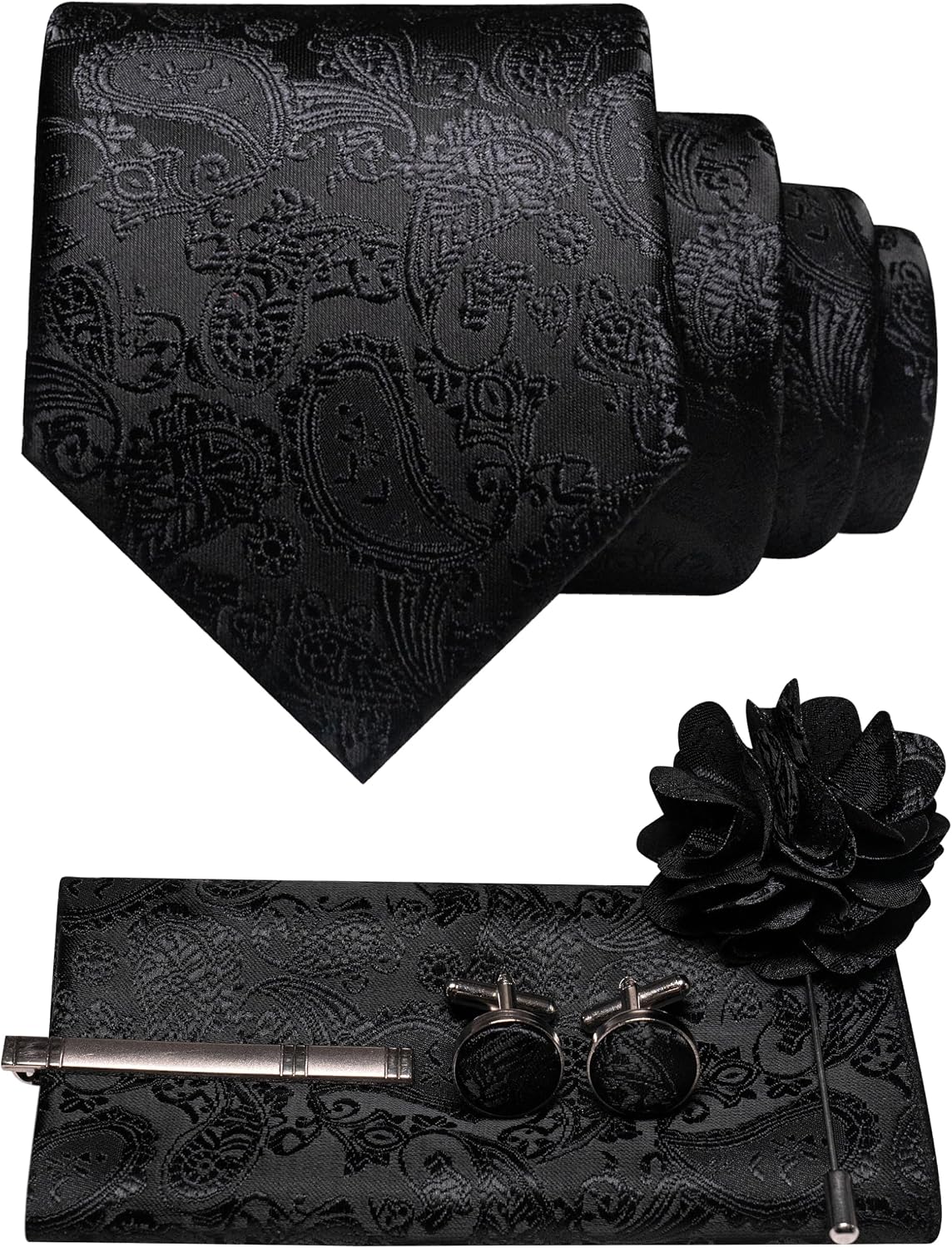 Komplett schwarzes Set mit Krawatte, Einstecktuch, Manschettenknöpfen, Krawattenclip und Blütenbrosche, Paisleymuster nur im Webglanz sichtbar. 37