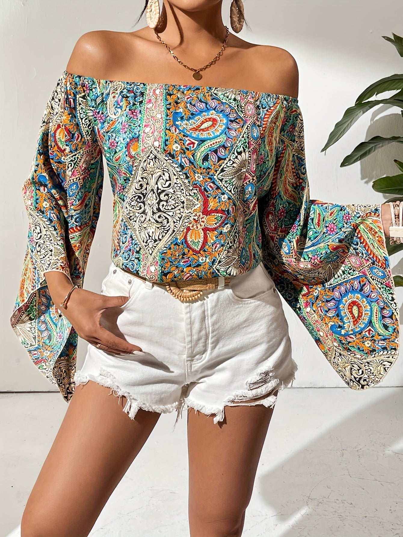 Schulterfreie Bluse mit geometrischem Muster – Noémie