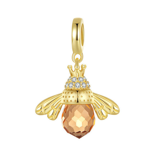 Goldener Bienenanhänger mit orangefarbenem Kristall, 925er Silber, Damen-Schmuck.