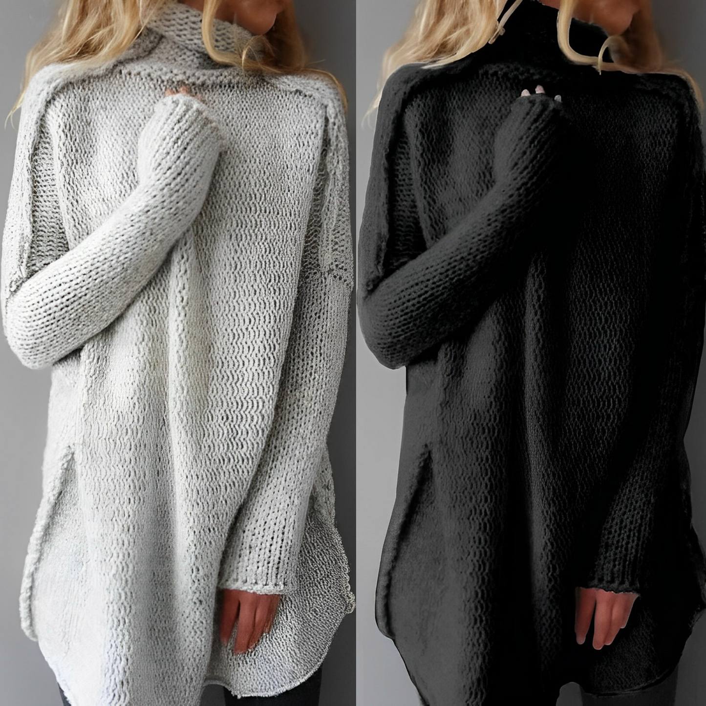 Zwei Damenpullover, grob gestrickt, in Weiß und Schwarz, langärmelig, Rollkragen.