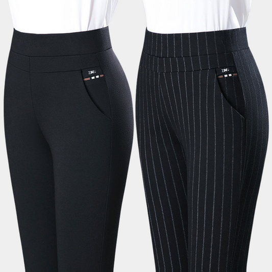 Zwei Damenhosen, schwarz und gestreift, elastisch, mit Taschen, ideal für Büro und Freizeit.