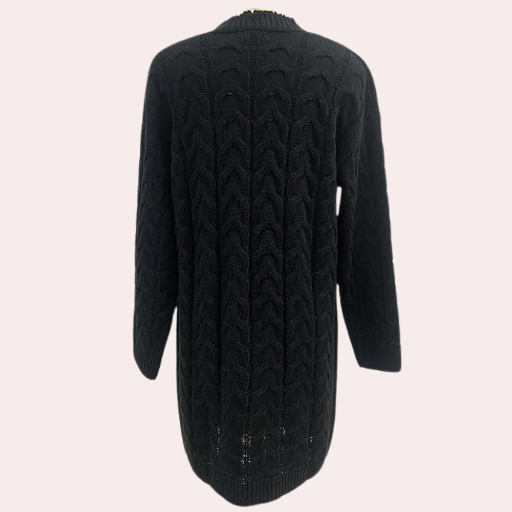 Schwarzer Strickpullover Damen, Zopfmuster, langärmelig, modisch, warm, Winterkleidung.