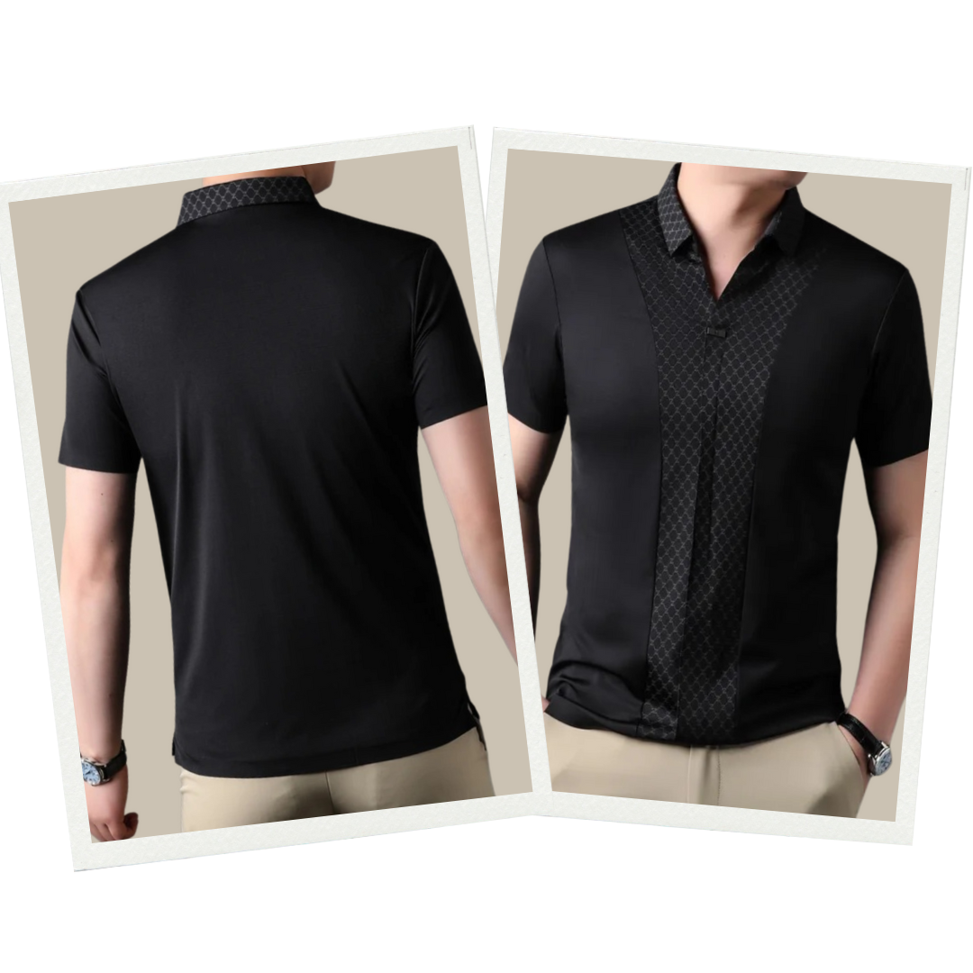 Schwarzes Herren-Poloshirt mit gemustertem Kragen und Knopfleiste, kurzärmelig, elegant.