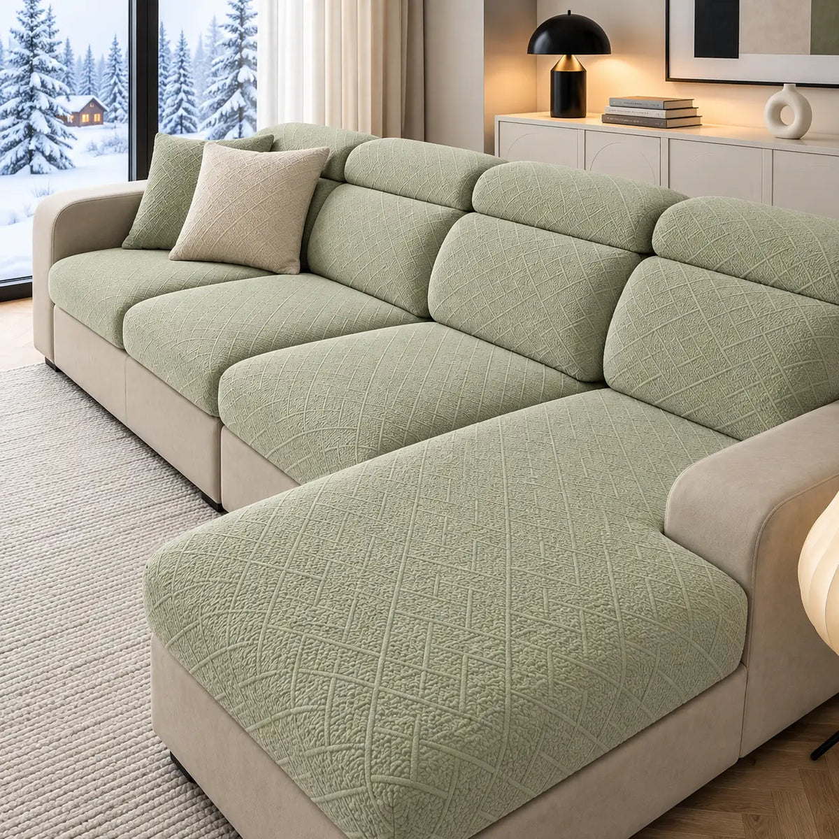 Ecksofa mit hellgrünen Bezügen im Rautenmuster auf Sitzflächen und Rückenkissen, gemütliches Wohnzimmer mit Winterblick 23