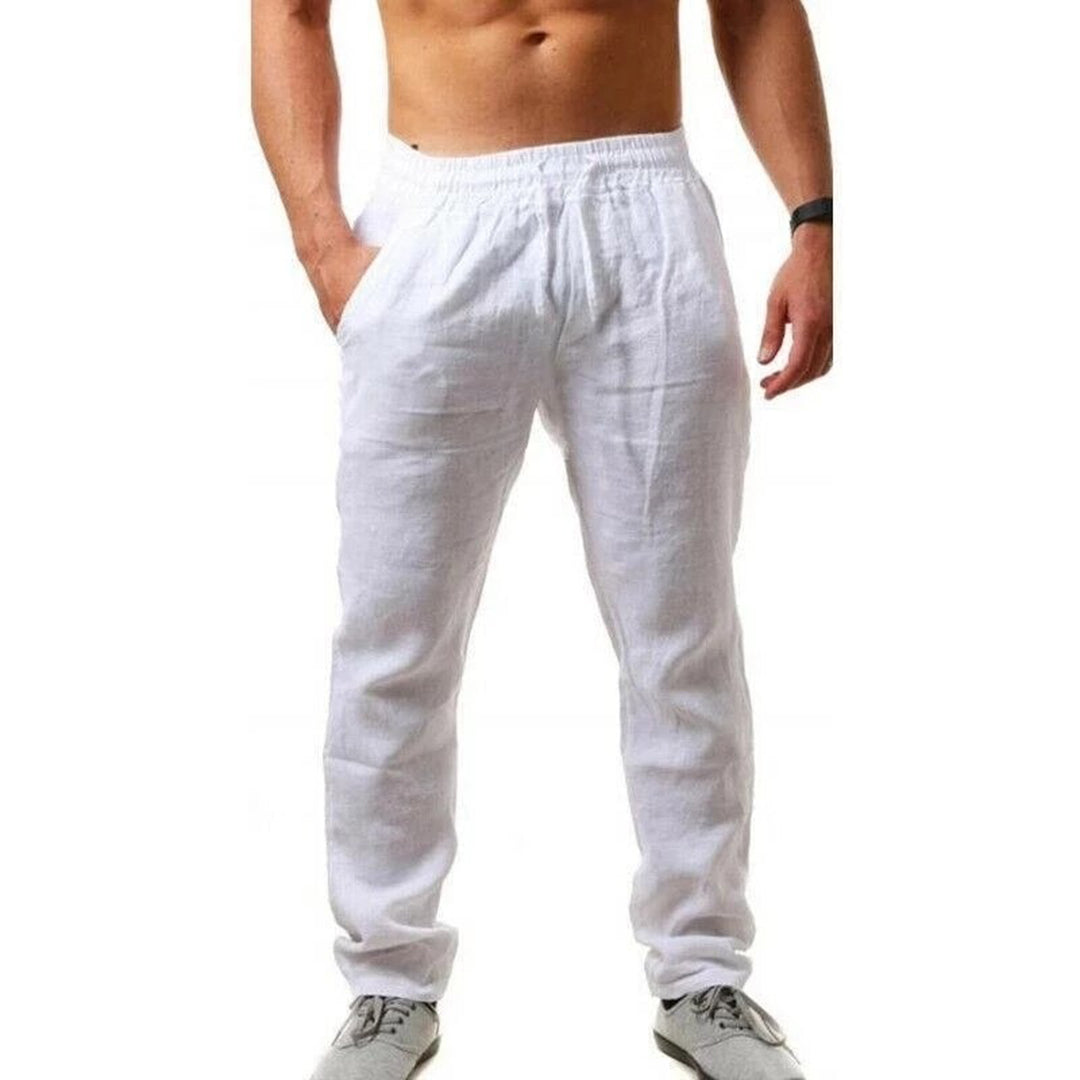 Weißer Herren-Leinenhose, Sommermode, elastischer Bund, bequem, atmungsaktiv.
