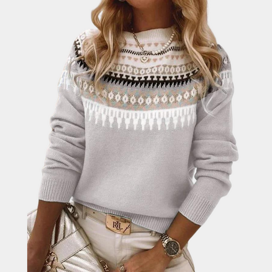 Grauer Damenpullover mit Norwegermuster, Strick, modisch, warm, Wintermode, elegant.