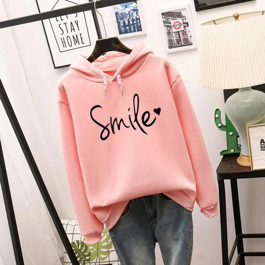 Rosa Kapuzenpullover mit "Smile"-Aufdruck, lässig, lange Ärmel, Damenmode, Baumwolle.