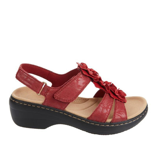 Rote Damensandale mit Blumen, Klettverschluss, Keilabsatz, bequem, Sommermode.