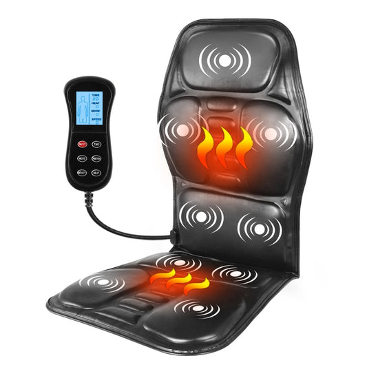 Schwarze Massageauflage mit Heizfunktion und Fernbedienung, ergonomisch, für Rücken und Sitz.