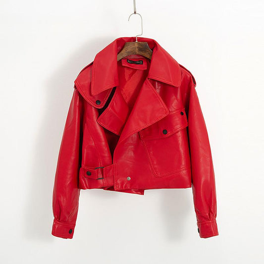 Rote Lederjacke Damen, Biker-Stil, modisch, kurz, mit Knöpfen, Herbstmode.