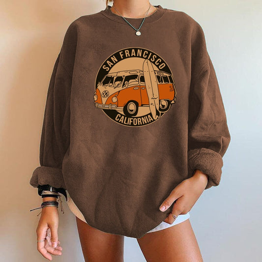 Brauner Oversize-Pullover mit VW-Bus-Print, San Francisco California, Damenmode, lässig.