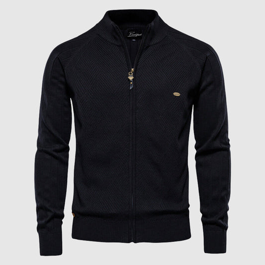 Schwarzer Herren-Strickpullover mit Reißverschluss, John Wellington, elegantes Design.