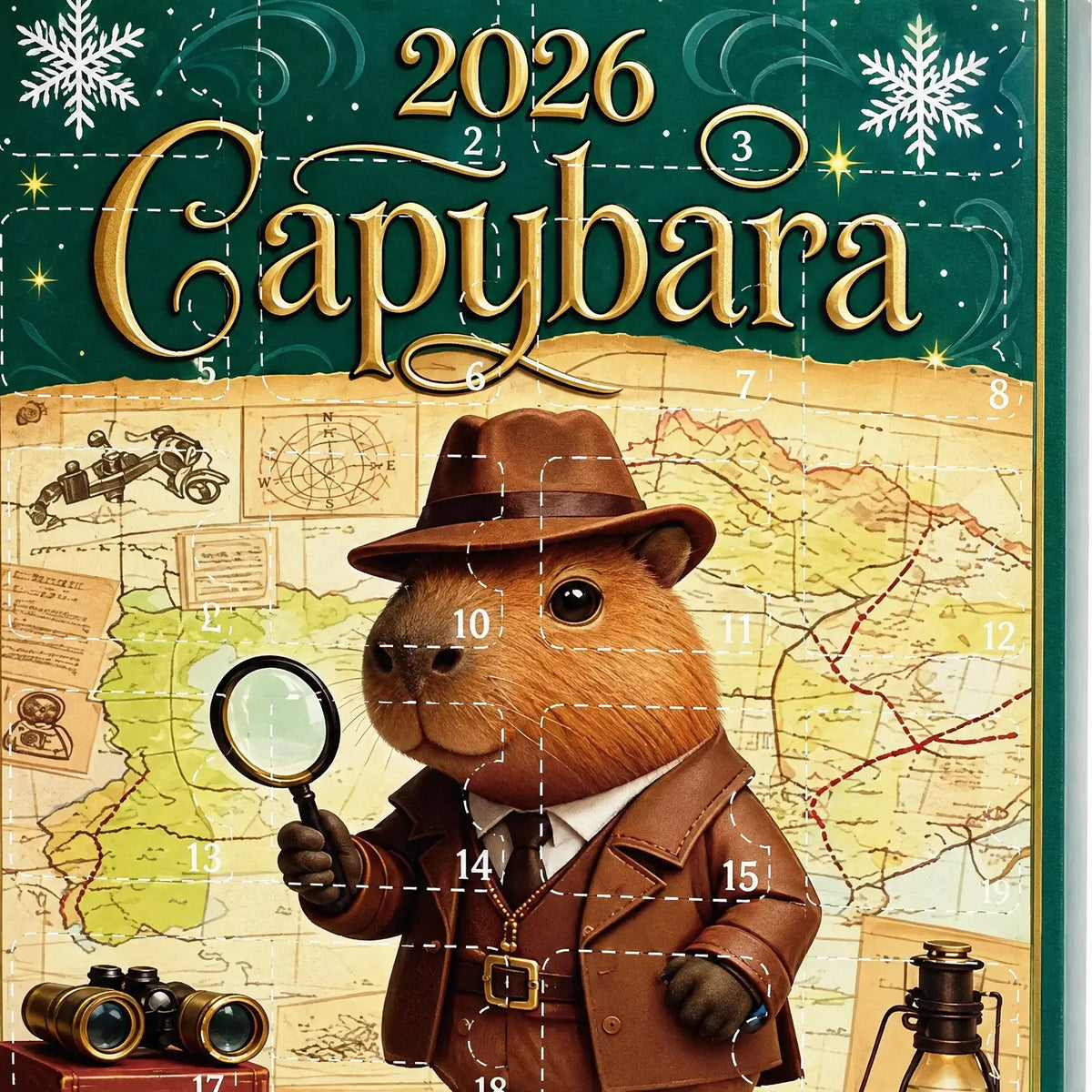 Nahaufnahme der Kalenderfront: Capybara mit Hut, Trenchcoat und Lupe vor alter Landkarte, mit nummerierten Türchen und Schneeflocken. 3