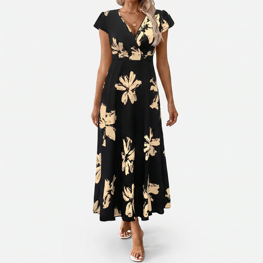 Kurzärmliges Sommerkleid Midi Mit V-Ausschnitt - Janet
