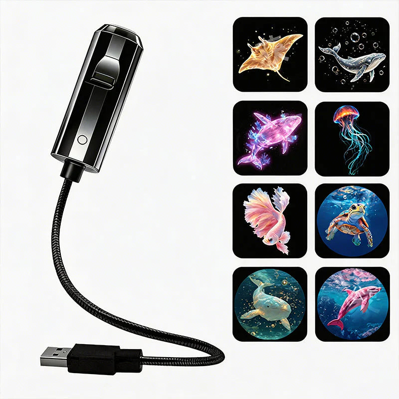 Schwarzer Projektor mit USB-Kabel neben acht Meerestier-Motiven wie Rochen, Wal, Qualle, Kampffisch, Schildkröte und Delfin 8