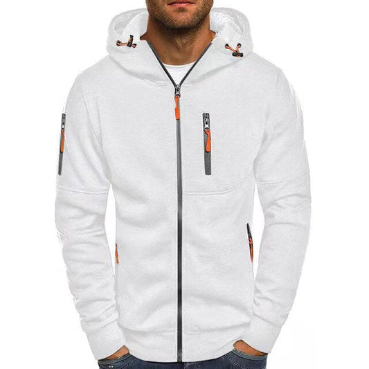 Weiße Herren-Kapuzenjacke mit Reißverschluss, sportlich, Streetwear, Frühling, Baumwolle.