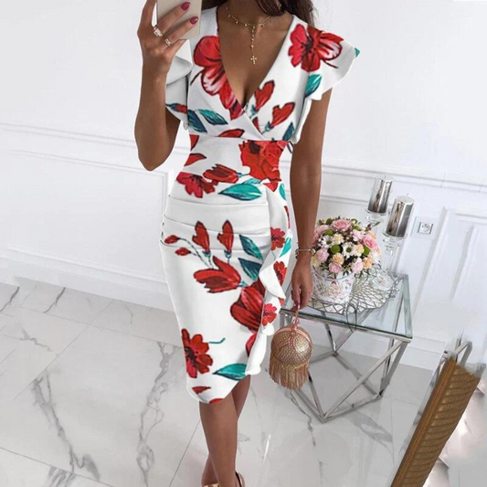 Sommer-Midi-Kleid mit V-Ausschnitt und figurbetonter Passform – Livia