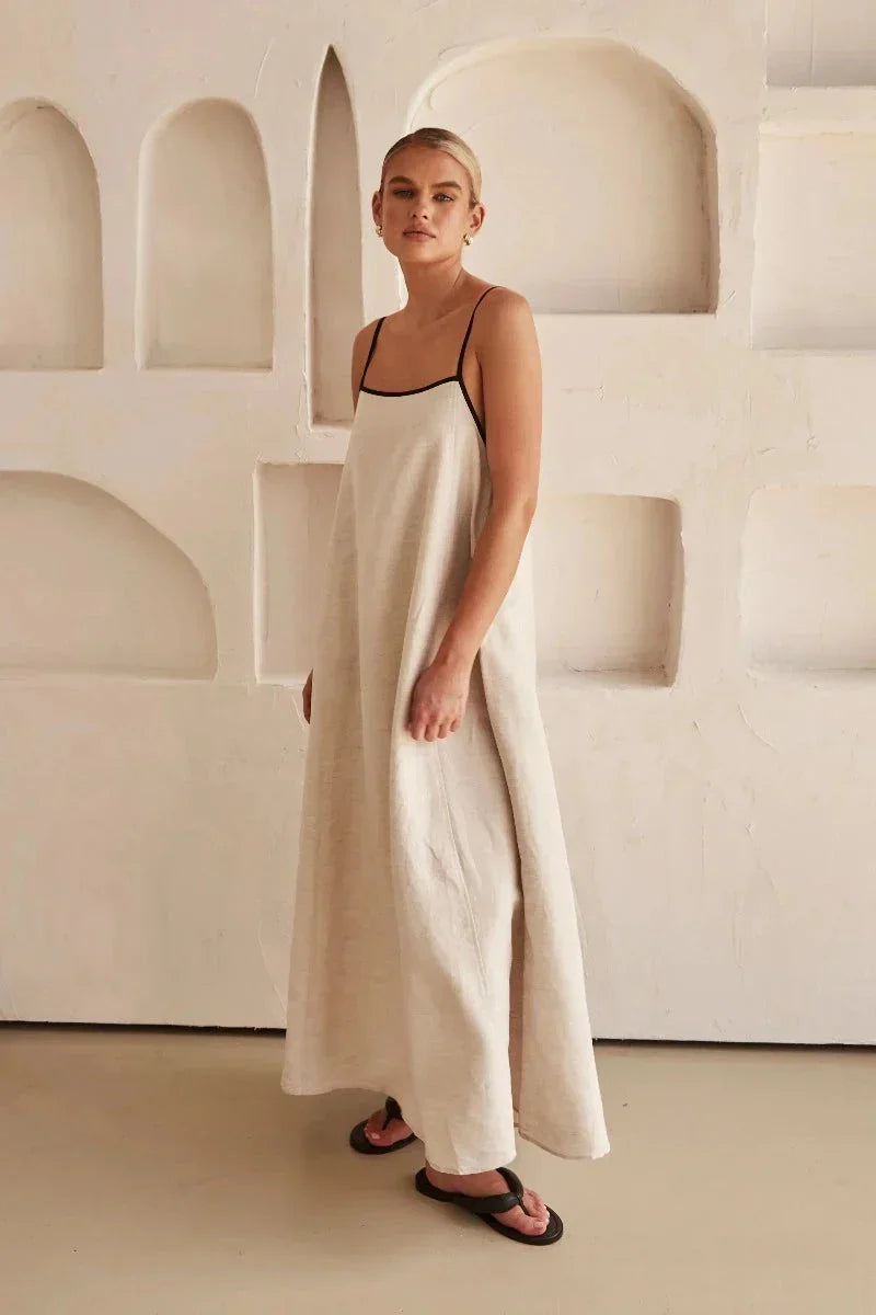 Ärmelloses beiges Boho-Maxikleid in Leinenoptik – Elin