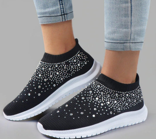 Schwarze Damen-Sneaker mit Strasssteinen, rutschfeste Sohle, modisch, bequem, Freizeit.