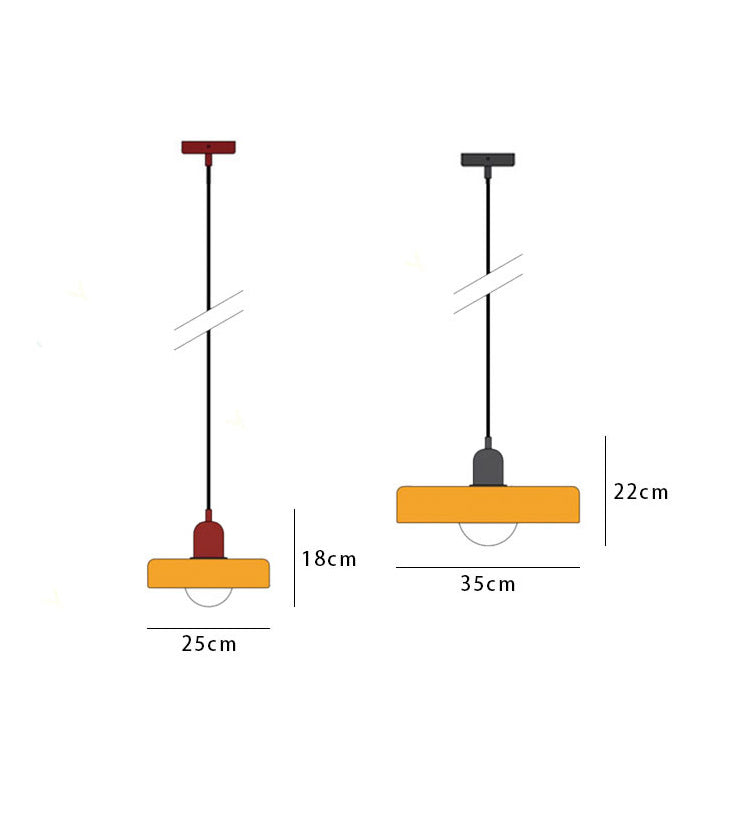 Zwei moderne Pendelleuchten, gelb und rot, mit Maßen und minimalistischen Design.