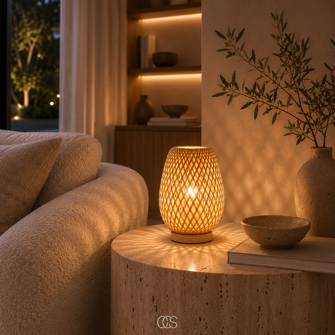 Leuchtende Bambuslampe auf einem Beistelltisch aus Travertin neben Sofa, Buch, Schale und Vase, im Hintergrund ein beleuchtetes Regal. 5
