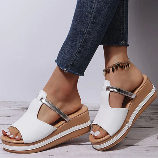 Weiße orthopädische Sandalen, Damen, Keilabsatz, bequem, modisch, Sommer, Fußbett.