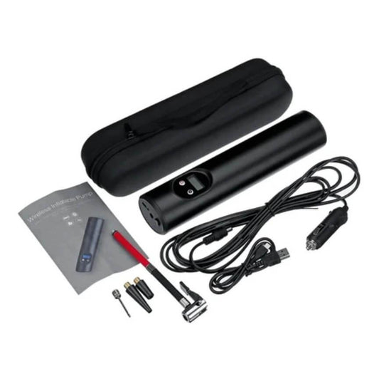 Tragbare elektrische Luftpumpe schwarz, USB-Ladekabel, Aufsätze, Tragetasche, Anleitung.